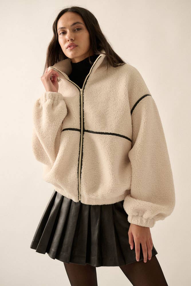 Anna Faux Leather Trimmed Fleece Jacket