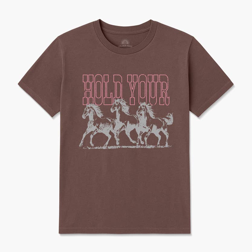 Brown Hold your Horses Graphic tee t-shirt with Pink and grey text on a white background