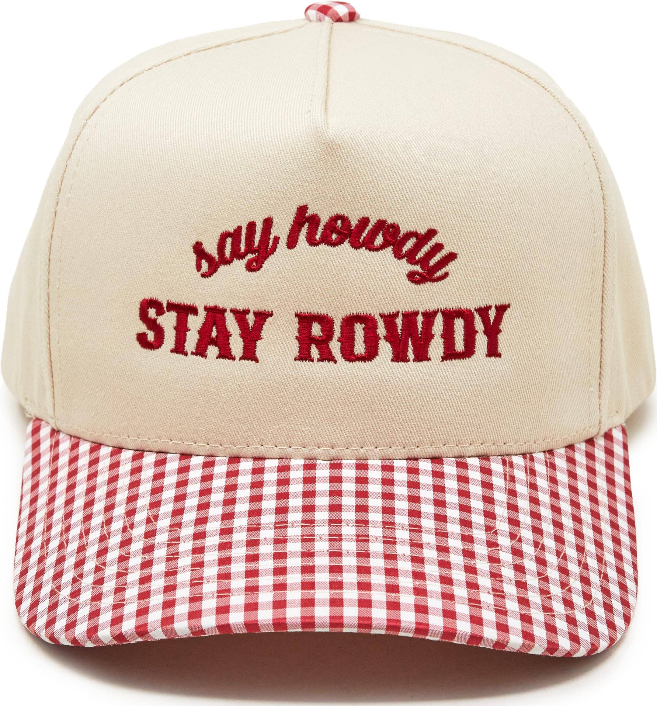 Beige cap with red checkered brim and 'say howdy STAY ROWDY' text on a white background