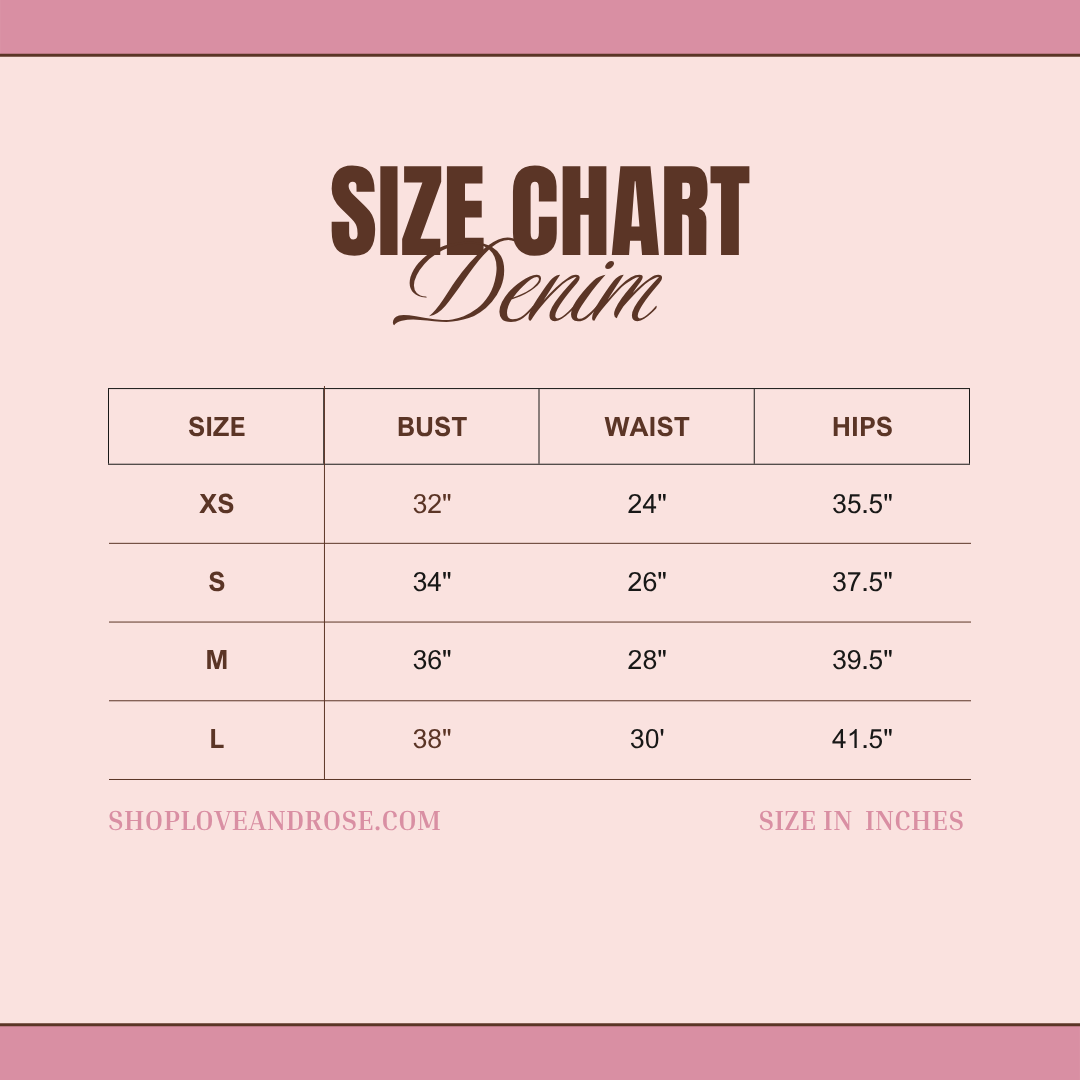 Denim size chart with measurements on a pink background