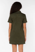 Short sleeve shift dress in olive green denim with collar.