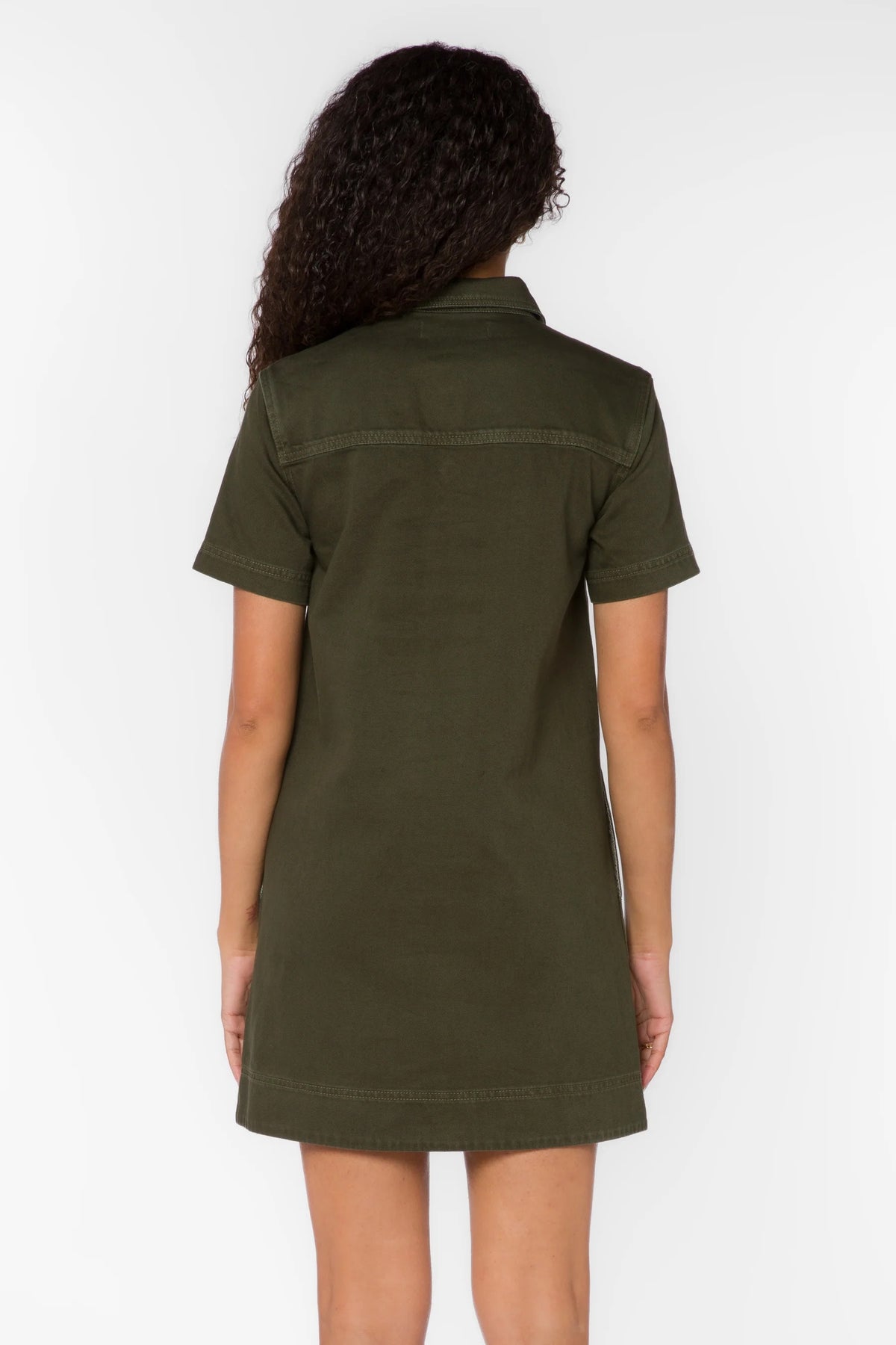 Short sleeve shift dress in olive green denim with collar.
