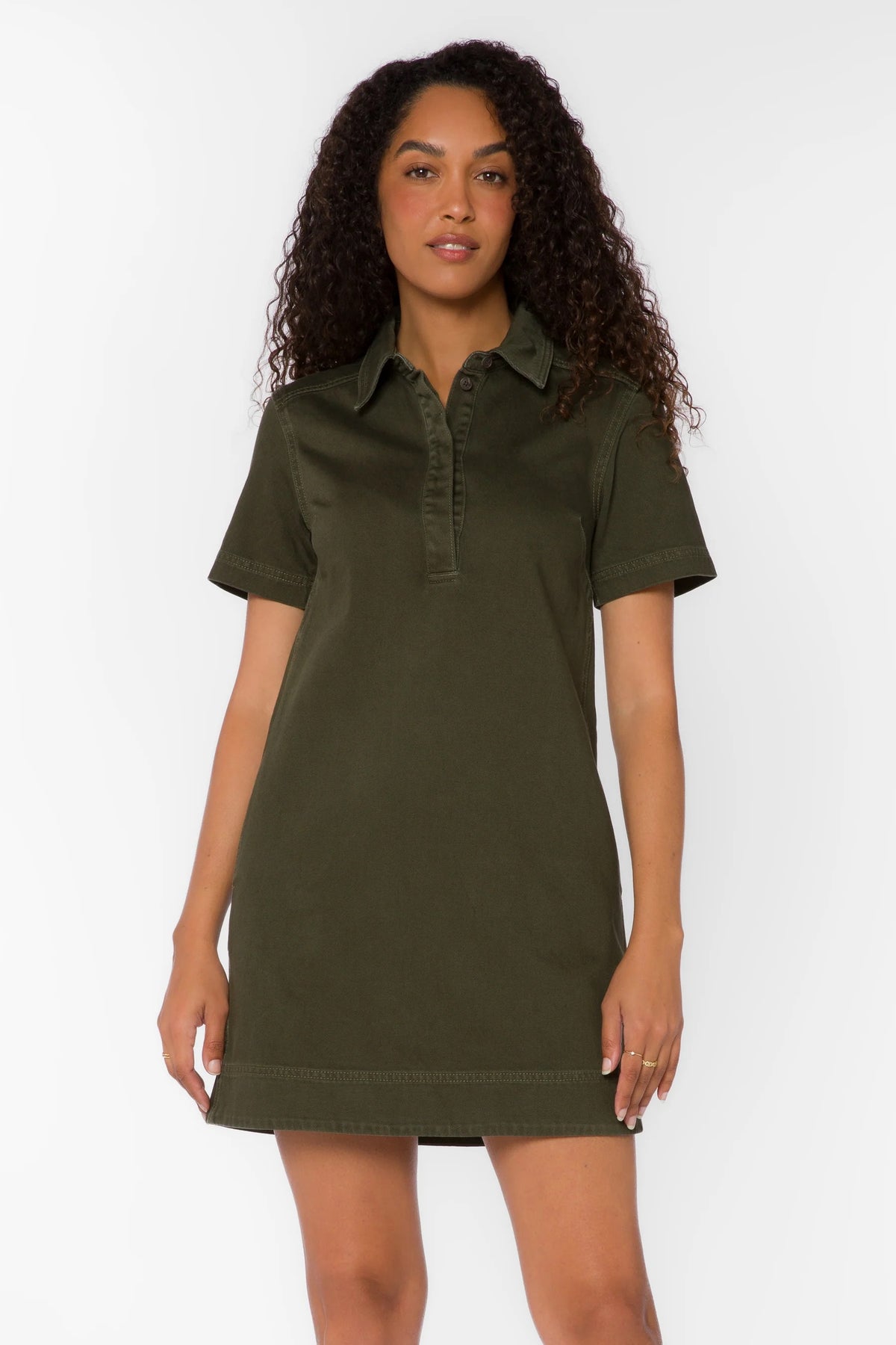 Short sleeve shift dress in olive green denim with collar.