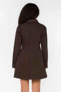 Long sleeve chocolate-brown a-line dress.
