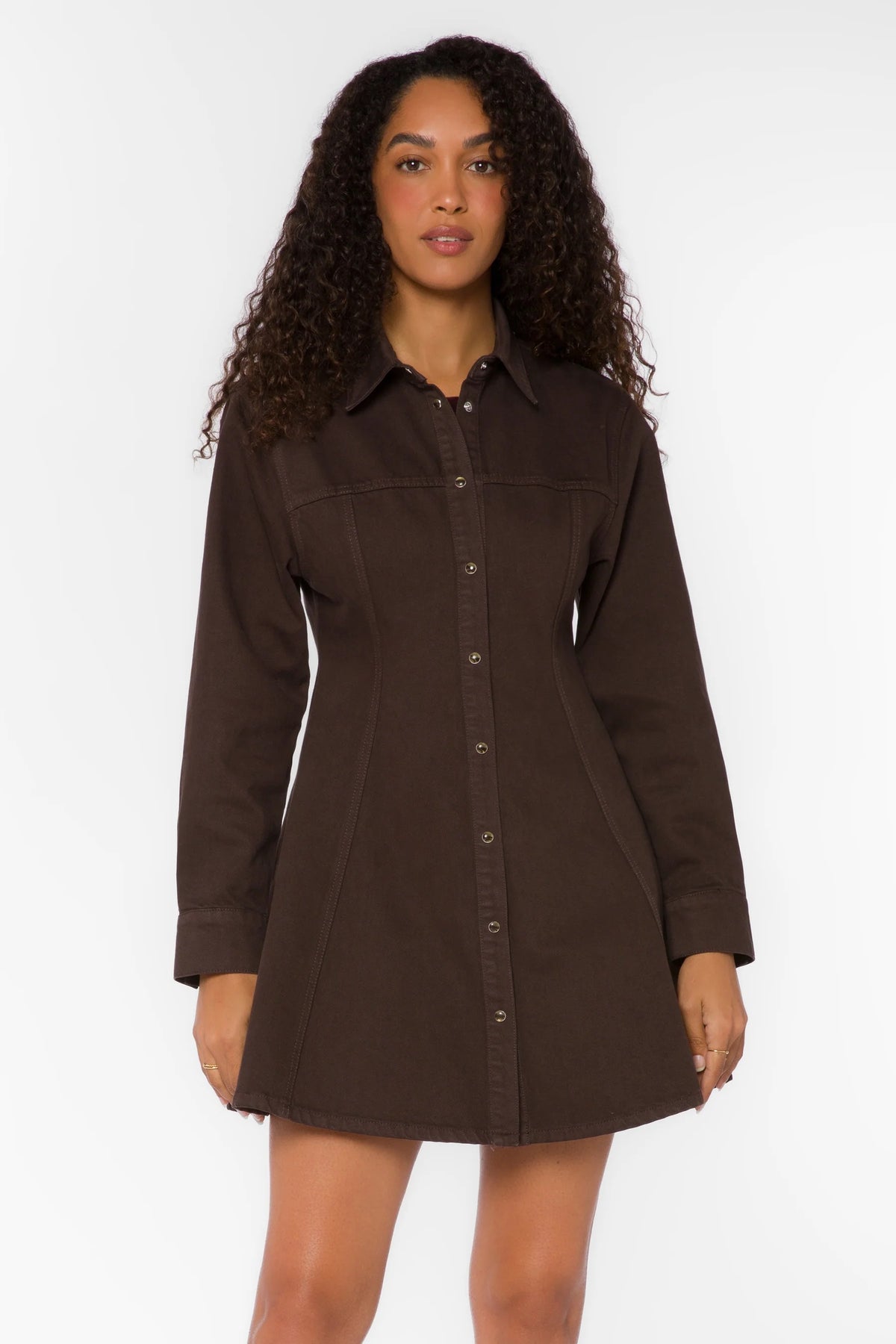 Long sleeve button front mini dress with collar in chocolate brown.