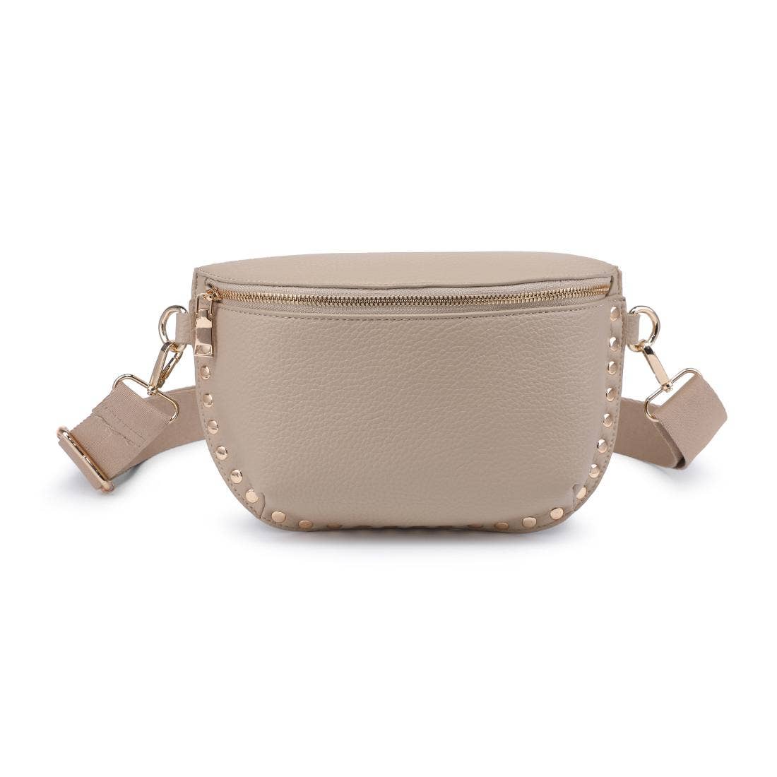 Beige belt bag with gold accents on a white background