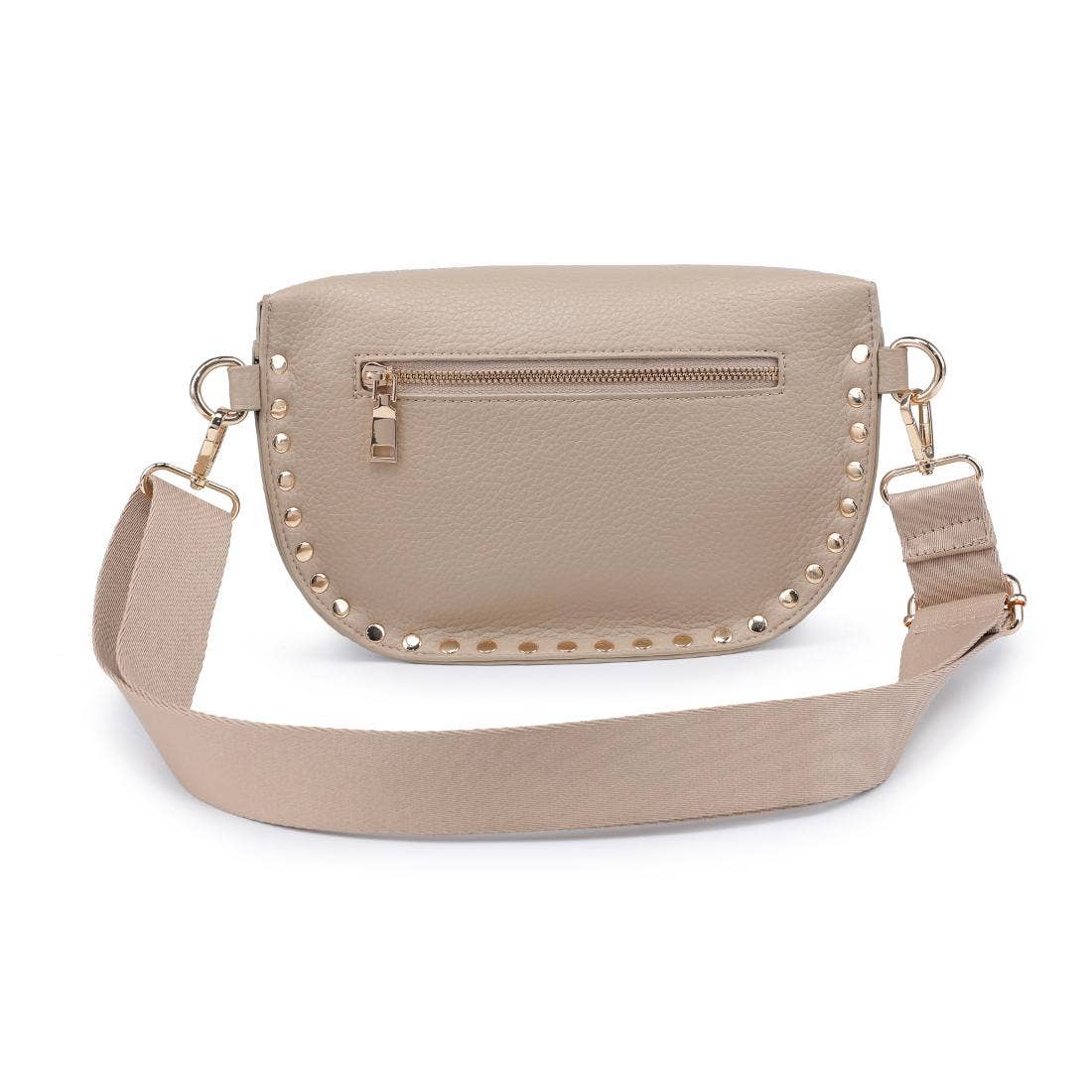 Beige crossbody bag with studded details on a white background