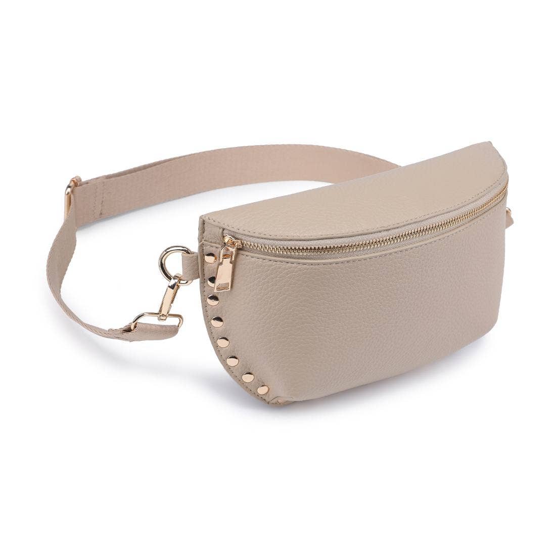 Beige fanny pack with gold studs on a white background