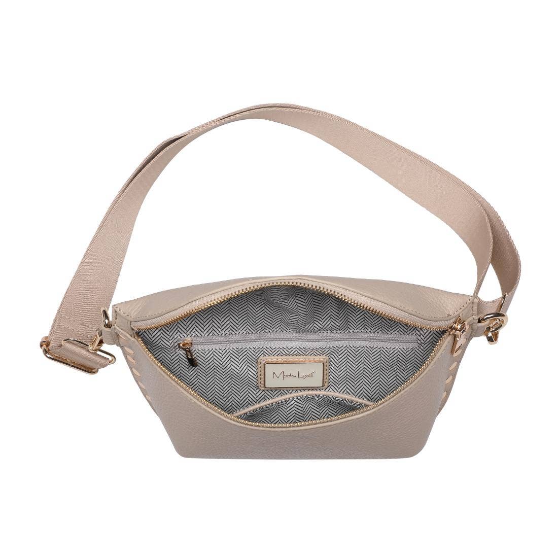 Beige handbag with a visible brand label on a white background