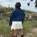 A woman viewed from behind wearing a cropped blue denim jacket, a white tiered skirt, and brown cowboy boots, standing outdoors on a grassy hillside under a cloudy sky. Fall rodeo western Texas style 