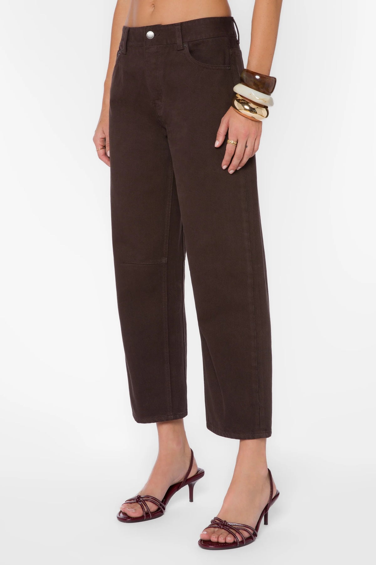 Barrel wide-leg cropped jeans in dark brown denim fabric.