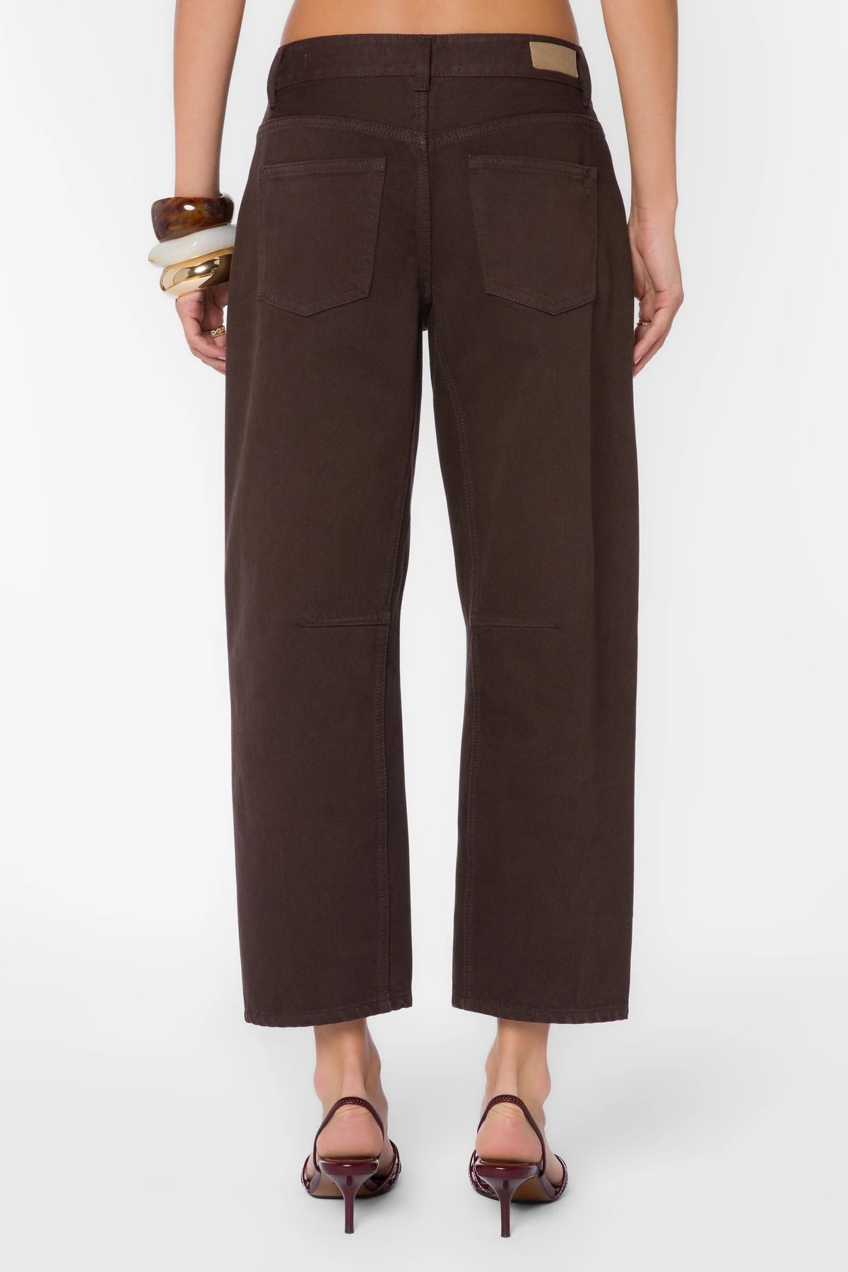 Barrel wide-leg cropped jeans in dark brown denim fabric.