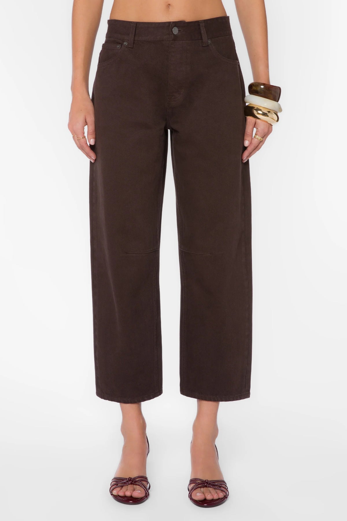 Barrel wide-leg cropped jeans in dark brown denim fabric.