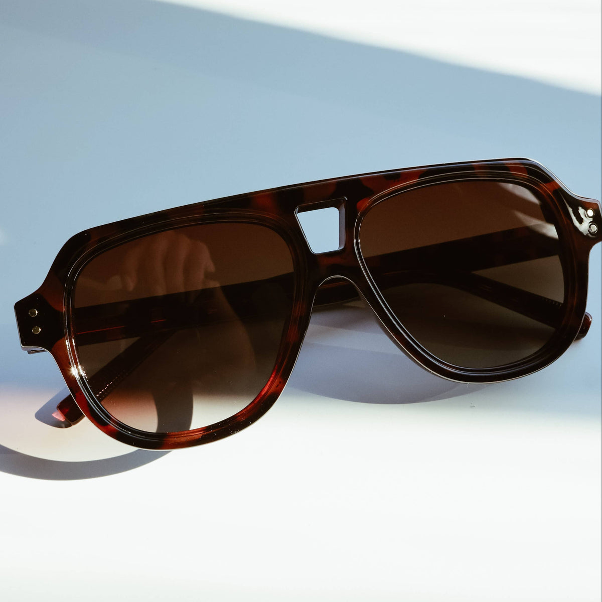 Sunglasses with tortoiseshell frame and dark lenses on a light blue background
